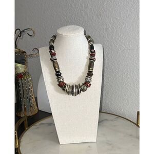 Metal bead necklace boho south western silver tone red black animal EUC 8”